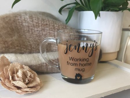 personalised glass mug reading 'working from mug' with coffee within.
