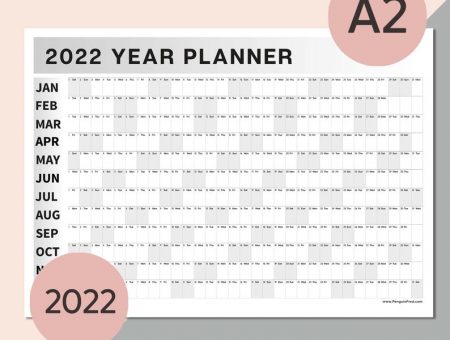 a detailed layout of a 2022 yearly planner, in A2 size, for an office wall space.