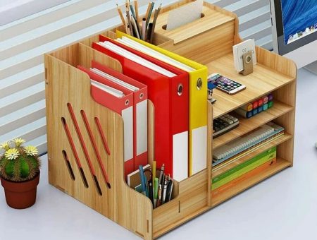 flat pack wooden-like storage that holds plenty on from office desk.