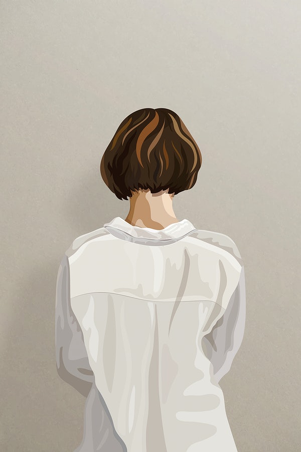 a girl drawn from behind, using an online paint program, with a short brown bob and wearing a white shirt.