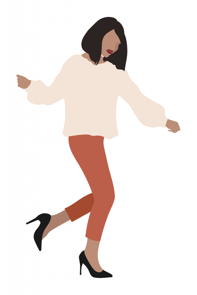 an digital ink drawing of a woman, with short black hair and wearing orange trousers, dancing.