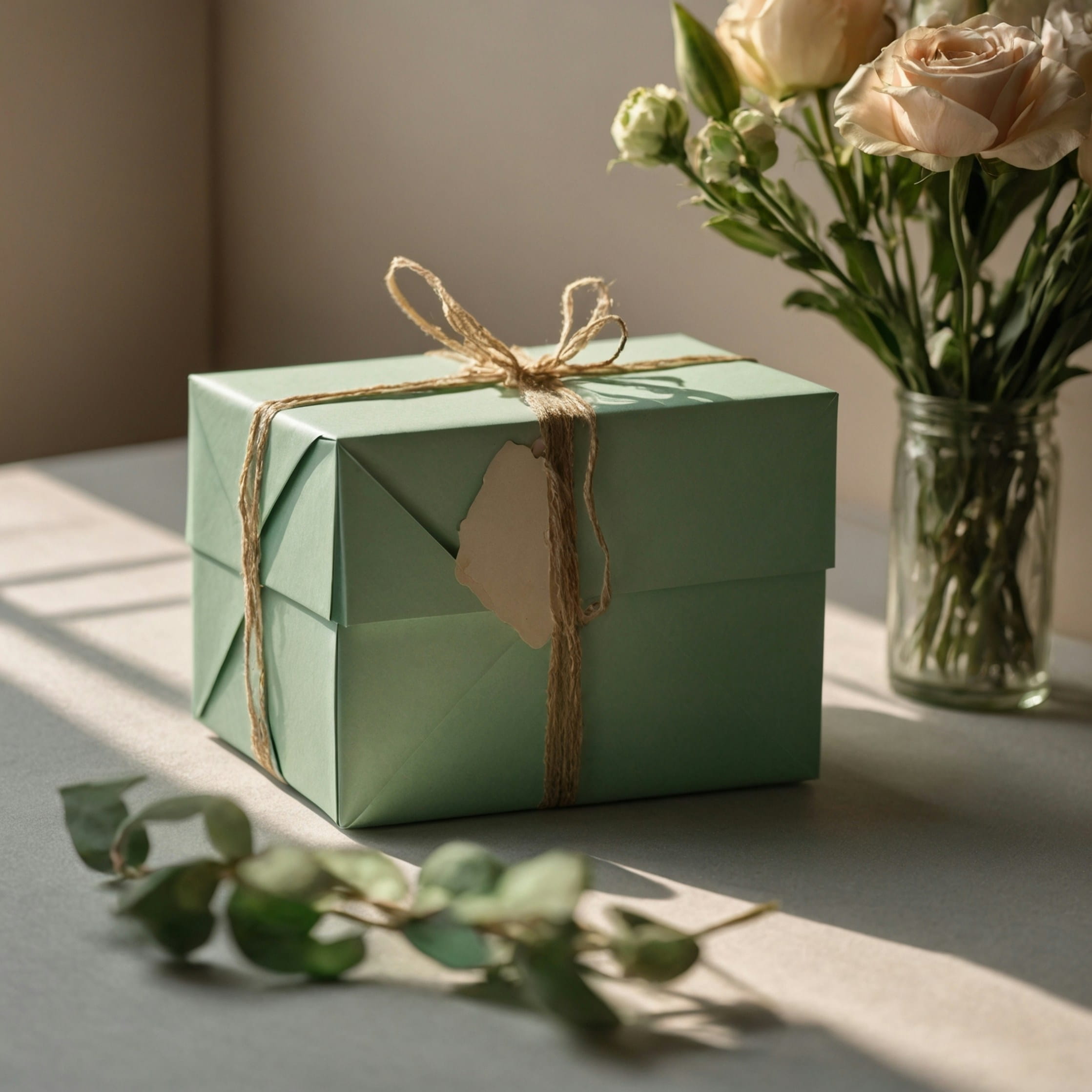 a green coloured gift box with a golden ribbon wrapped around it sat in front of a collection of flowers with a calm, relaxed aesthetic.