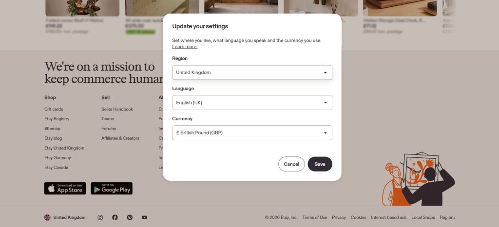 a screenshot of the Etsy.com website showing the steps on how to change the currency that is given on the website.