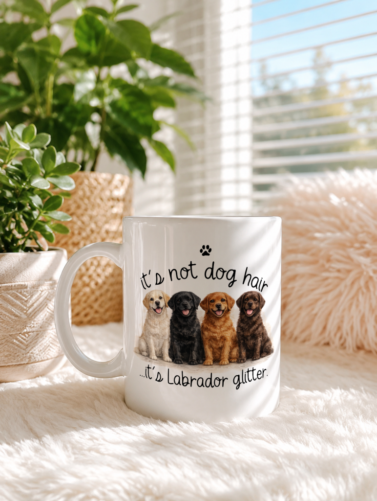 a ceramic mug pictured beside a plant and in front of an open window blind - the mug features a watercolour design of four dogs, each a labrador and each different colours (golden/yellow, black, fox-red and chocolate) alongside the phrase 'it's not dog hair, it's labrador glitter'.