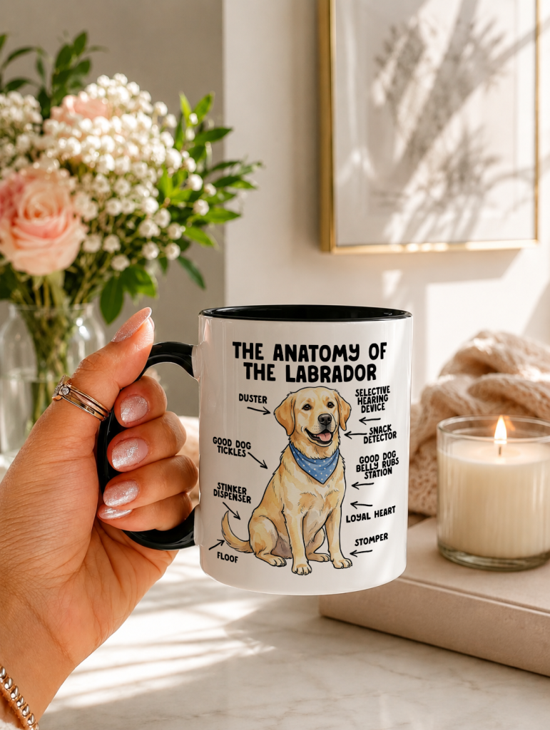 a ceramic mug with a black handle, being held, and showcasing a golden yellow labrador with the phrase 'the anatomy of a labrador' alongside various arrows pointing to parts of its body and with wording such as 'stomper' at its paw.